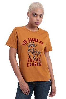 graphic print cotton round neck women's t-shirt - brown