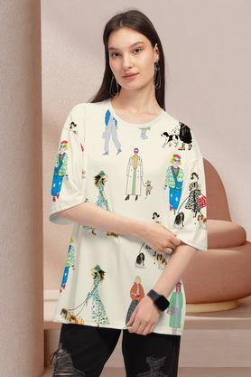 graphic print cotton round neck women's t-shirt - cream