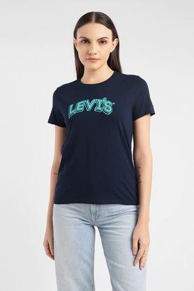 graphic print cotton round neck women's t-shirt - dk indigo