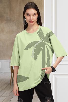 graphic print cotton round neck women's t-shirt - green