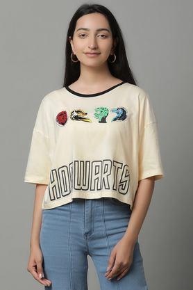 graphic print cotton round neck women's t-shirt - ivory