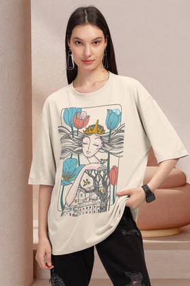 graphic print cotton round neck women's t-shirt - natural