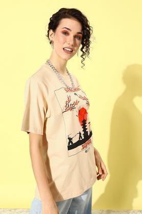 graphic print cotton round neck women's t-shirt - natural