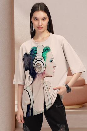 graphic print cotton round neck women's t-shirt - natural