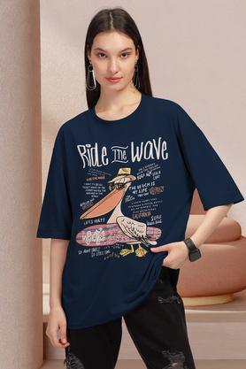 graphic print cotton round neck women's t-shirt - navy