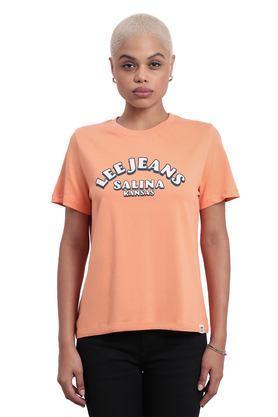 graphic print cotton round neck women's t-shirt - orange