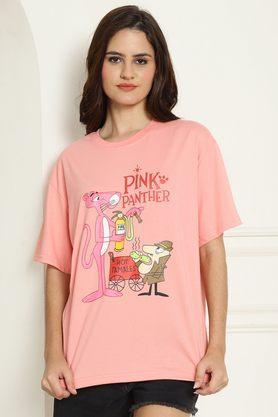graphic print cotton round neck women's t-shirt - peach