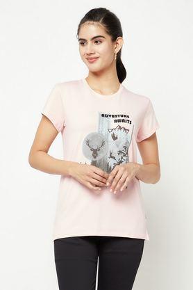 graphic print cotton round neck women's t-shirt - pink