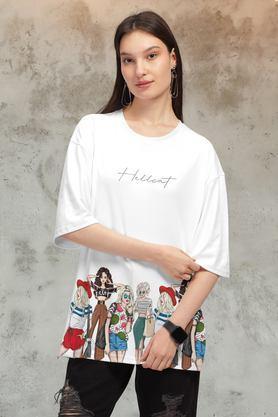 graphic print cotton round neck women's t-shirt - white