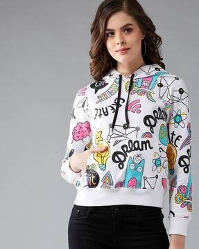 graphic print hoodie with ribbed hem