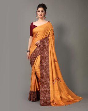 graphic print mysore silk saree with unstitched blouse piece