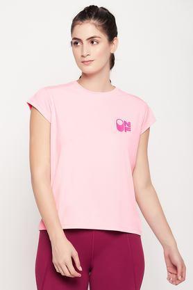 graphic print polyester round neck women's t-shirt - pink