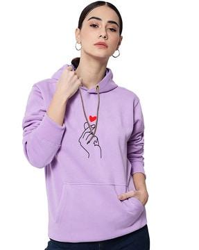 graphic print ribbed hems hooded sweatshirt