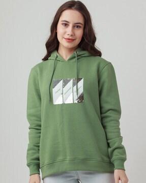 graphic print ribbed hems hoodie