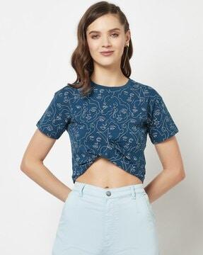 graphic print round-neck crop top