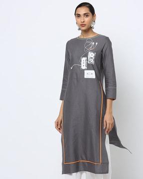 graphic print round-neck straight kurta