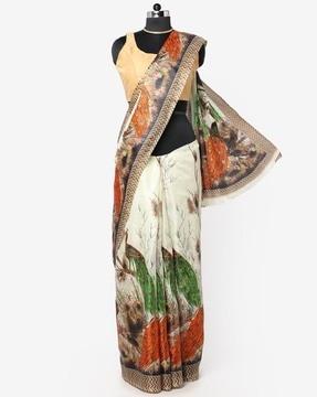 graphic print saree with contrast border