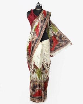 graphic print saree with contrast border