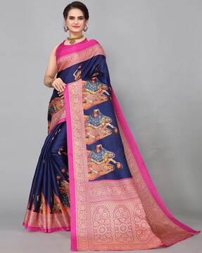 graphic print saree with contrast border