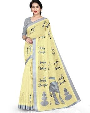 graphic print saree with contrast border