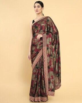 graphic print saree with embroidery