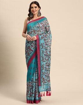 graphic print saree with tassels