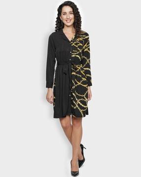 graphic print shirt dress with waist tie-up