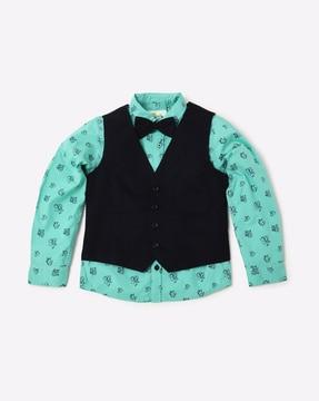 graphic print shirt with bow tie & waistcoat