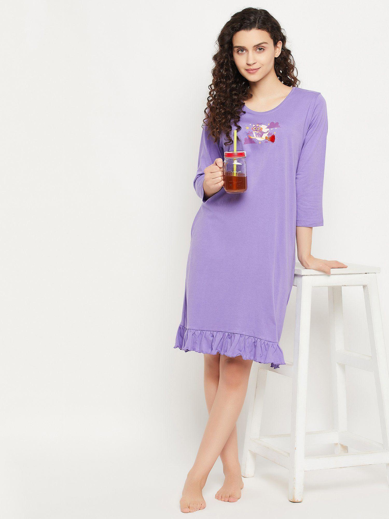 graphic print short night dress- 100 percent cotton -purple