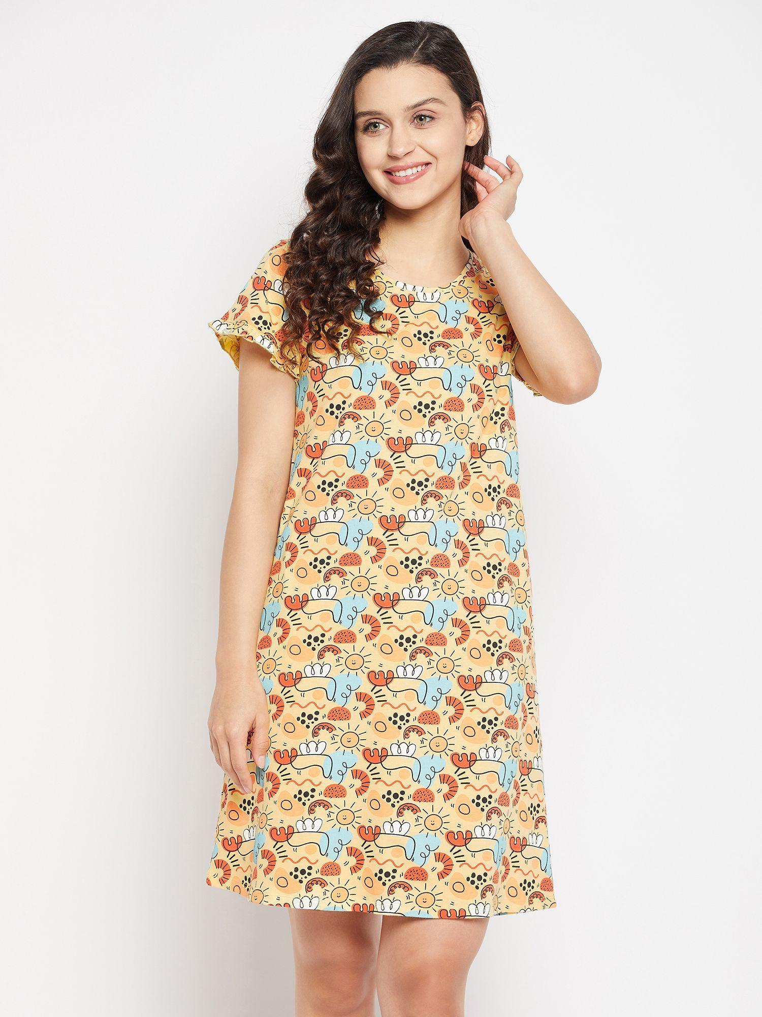 graphic print short night dress in yellow pure cotton