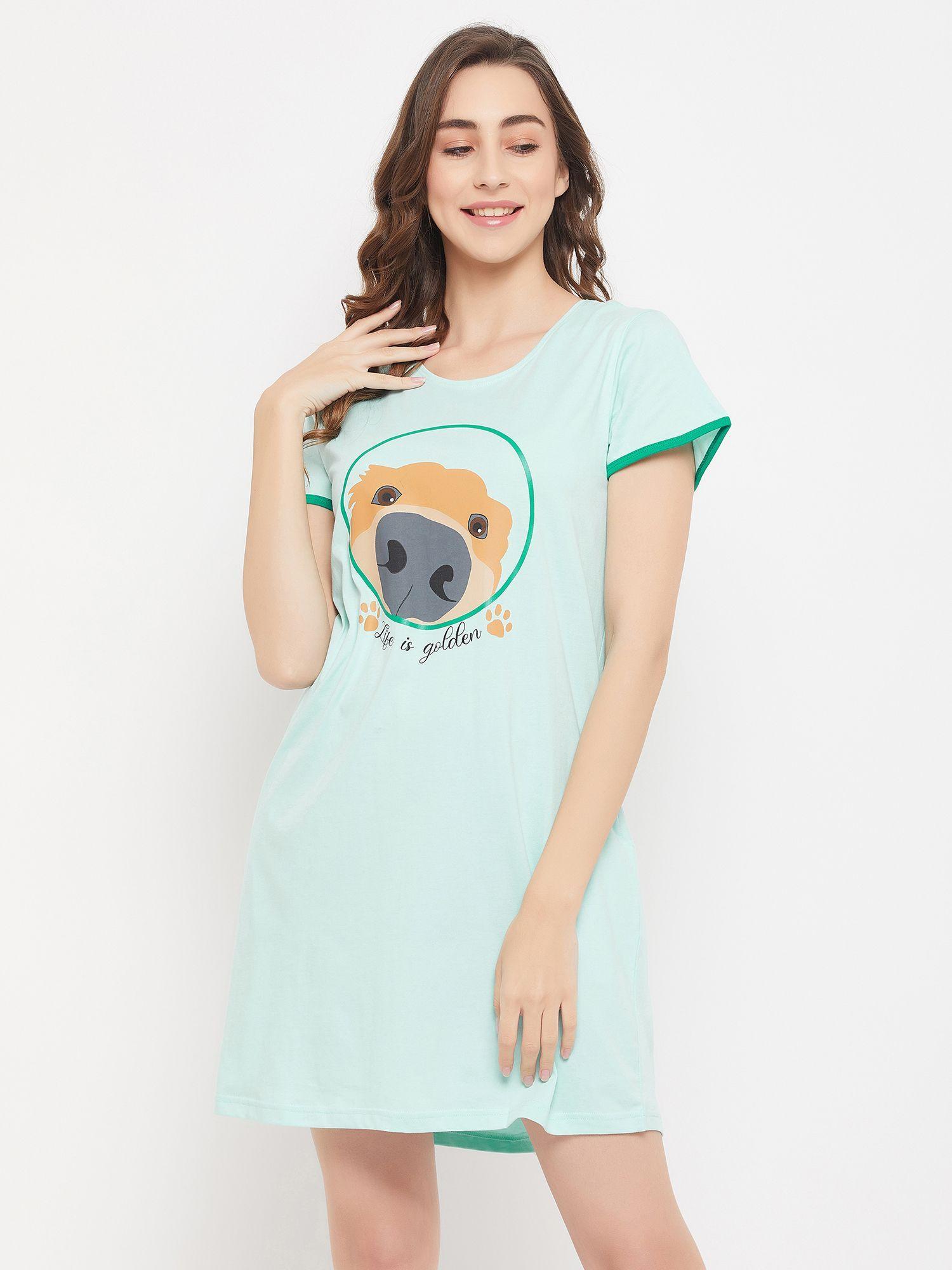 graphic print short nightdress in blue pure cotton