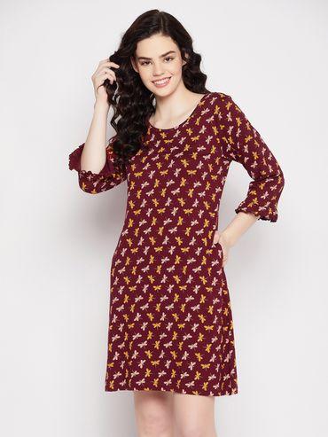graphic print short nightdress with pocket maroon