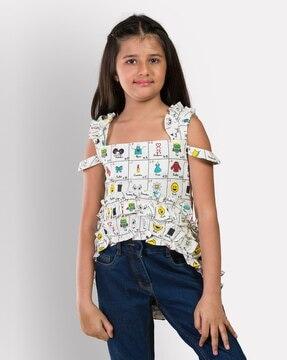 graphic print slim fit top with ruffle accent