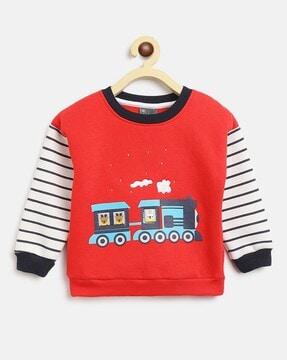 graphic print sweatshirt with striped sleeves