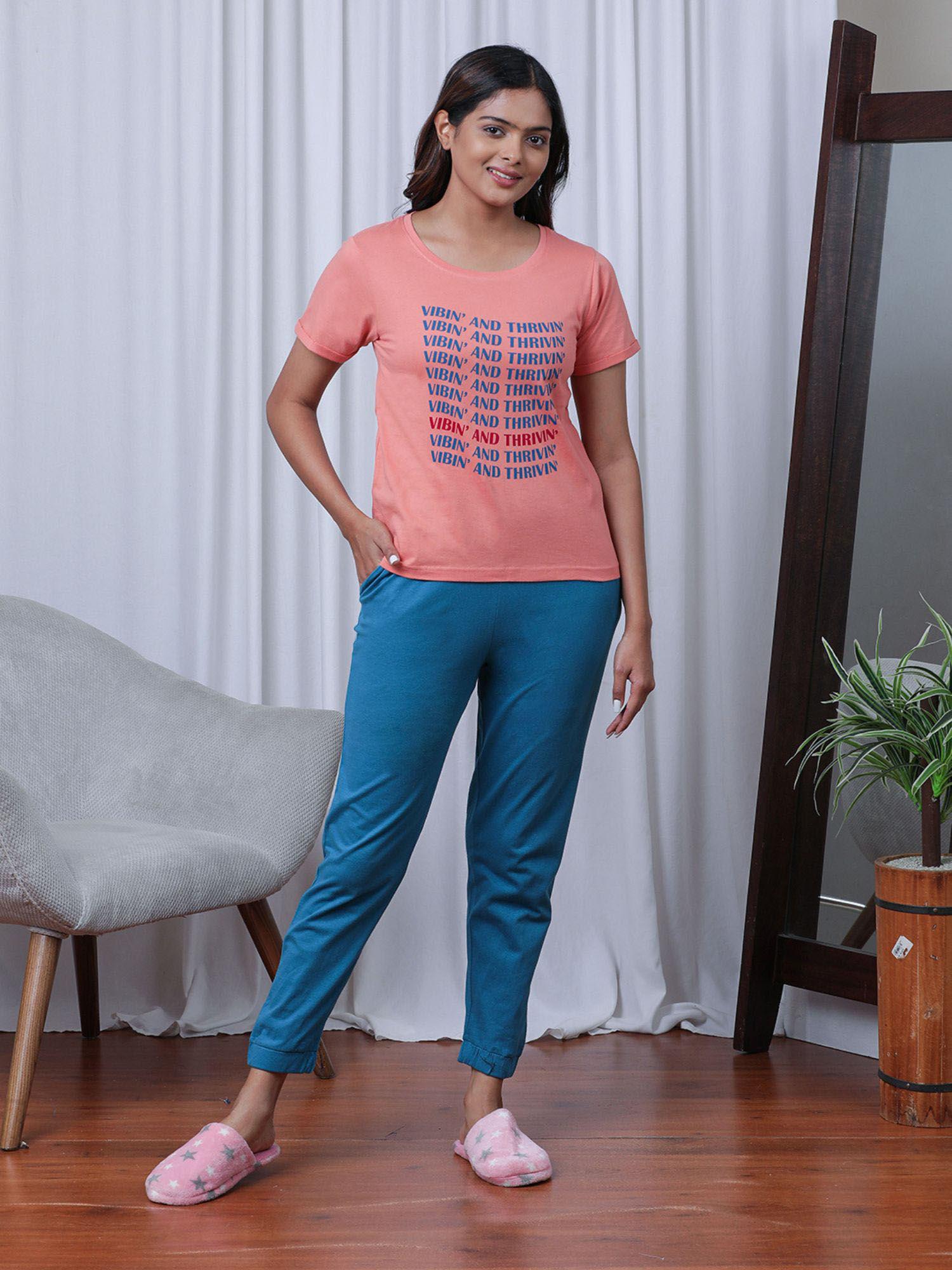 graphic print t-shirt & joggers pyjama in peach (set of 2)