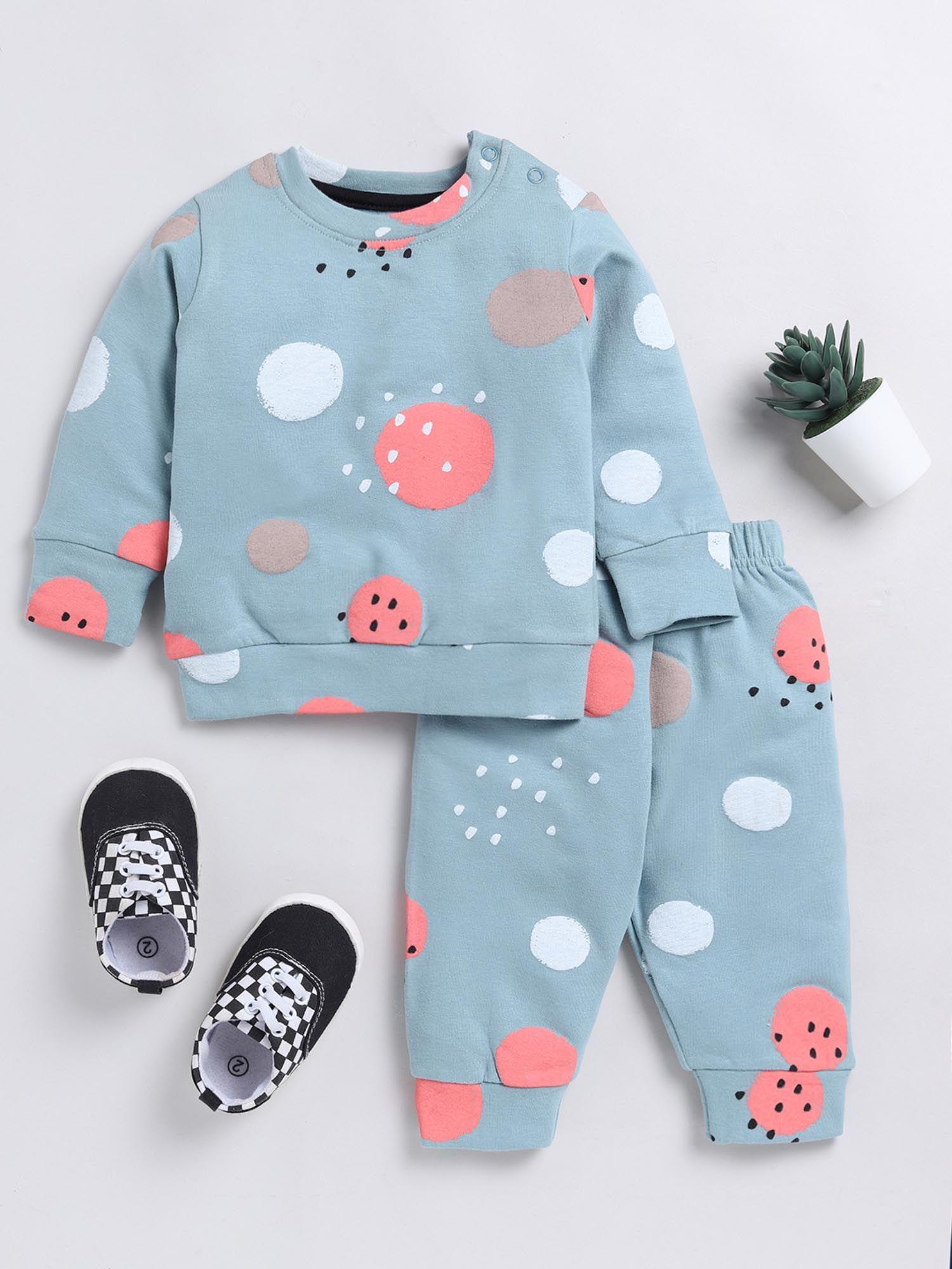 graphic print teal full sleeve night suit (set of 2)