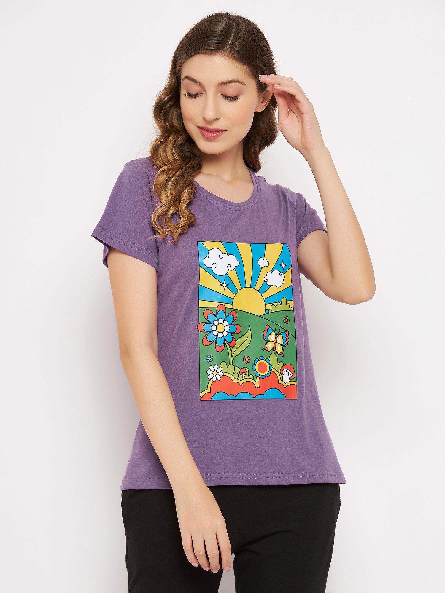 graphic print top purple pure cotton