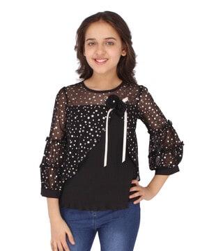 graphic print top with floral applique