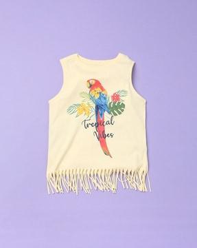 graphic print top with fringed hemline