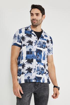 graphic print viscose relaxed fit men's casual shirt - white