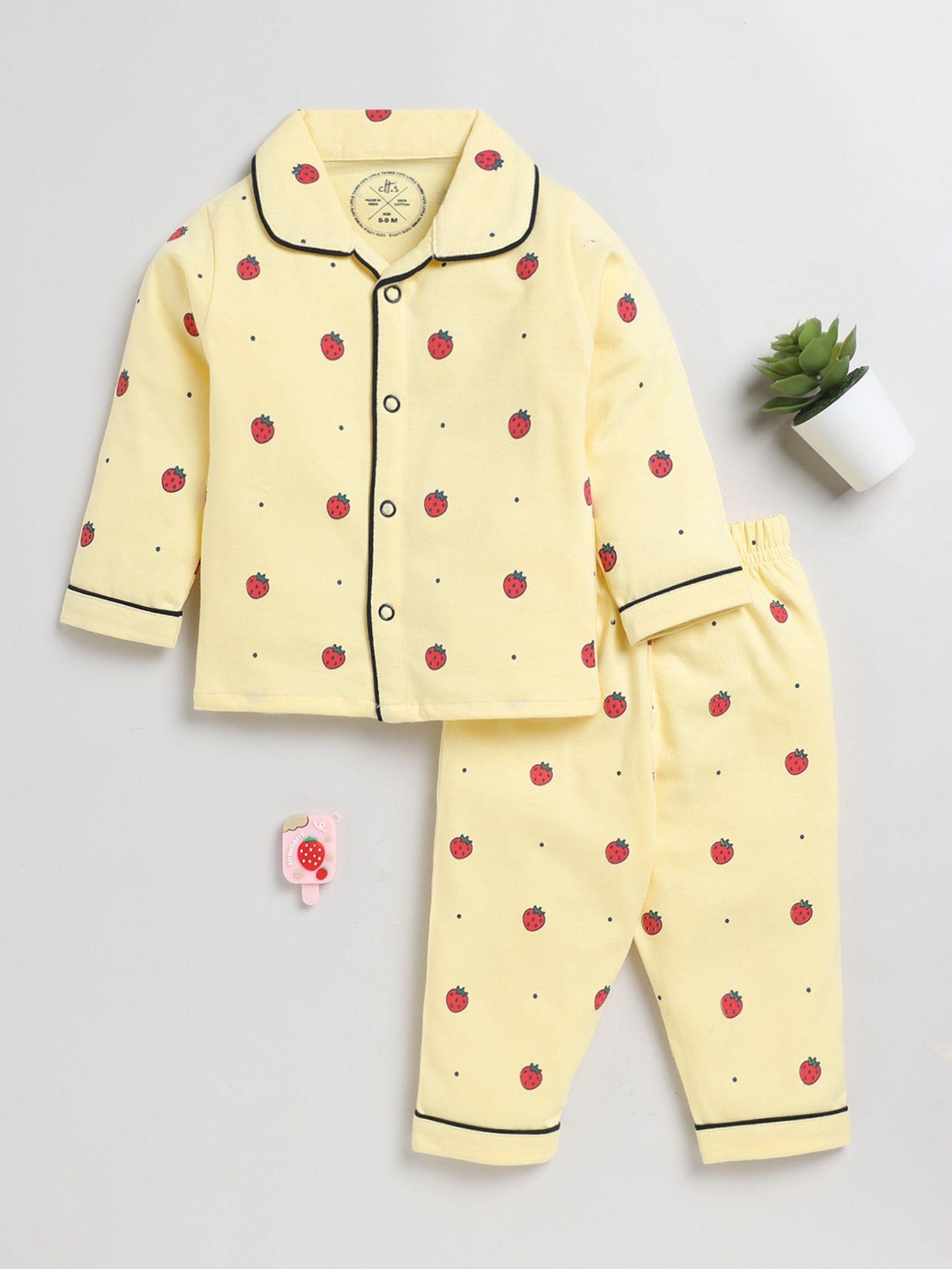 graphic print yellow full sleeve night suit (set of 2)
