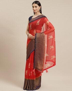 graphic print zari border saree with blouse piece