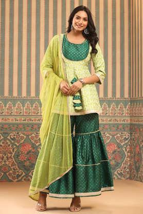 graphic silk woven women's kurta sharara dupatta set - green