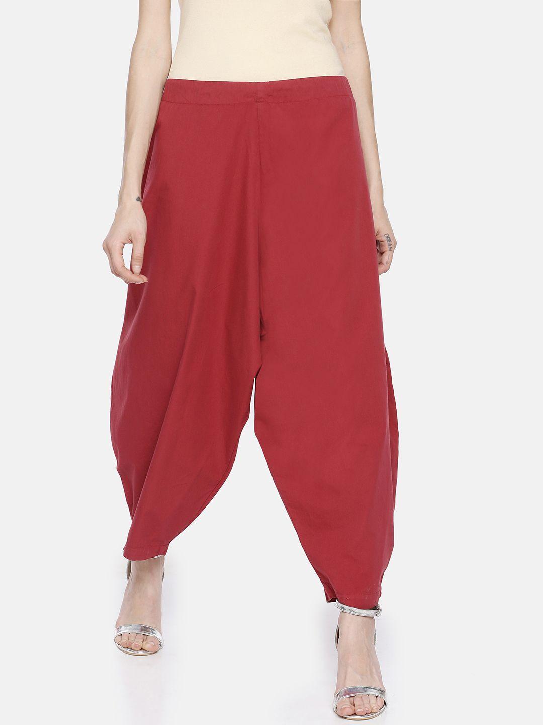 grass by gitika goyal women maroon loose fit solid drop crotch trousers