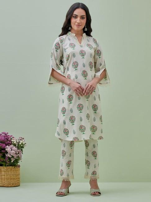 grass & sunshine off white & green boho dreams cotton modal printed kurta with pant