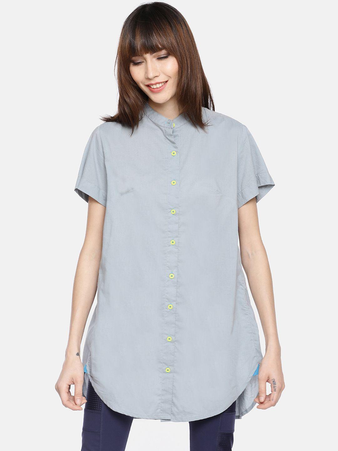 grass by gitika goyal women blue boxy solid longline casual shirt