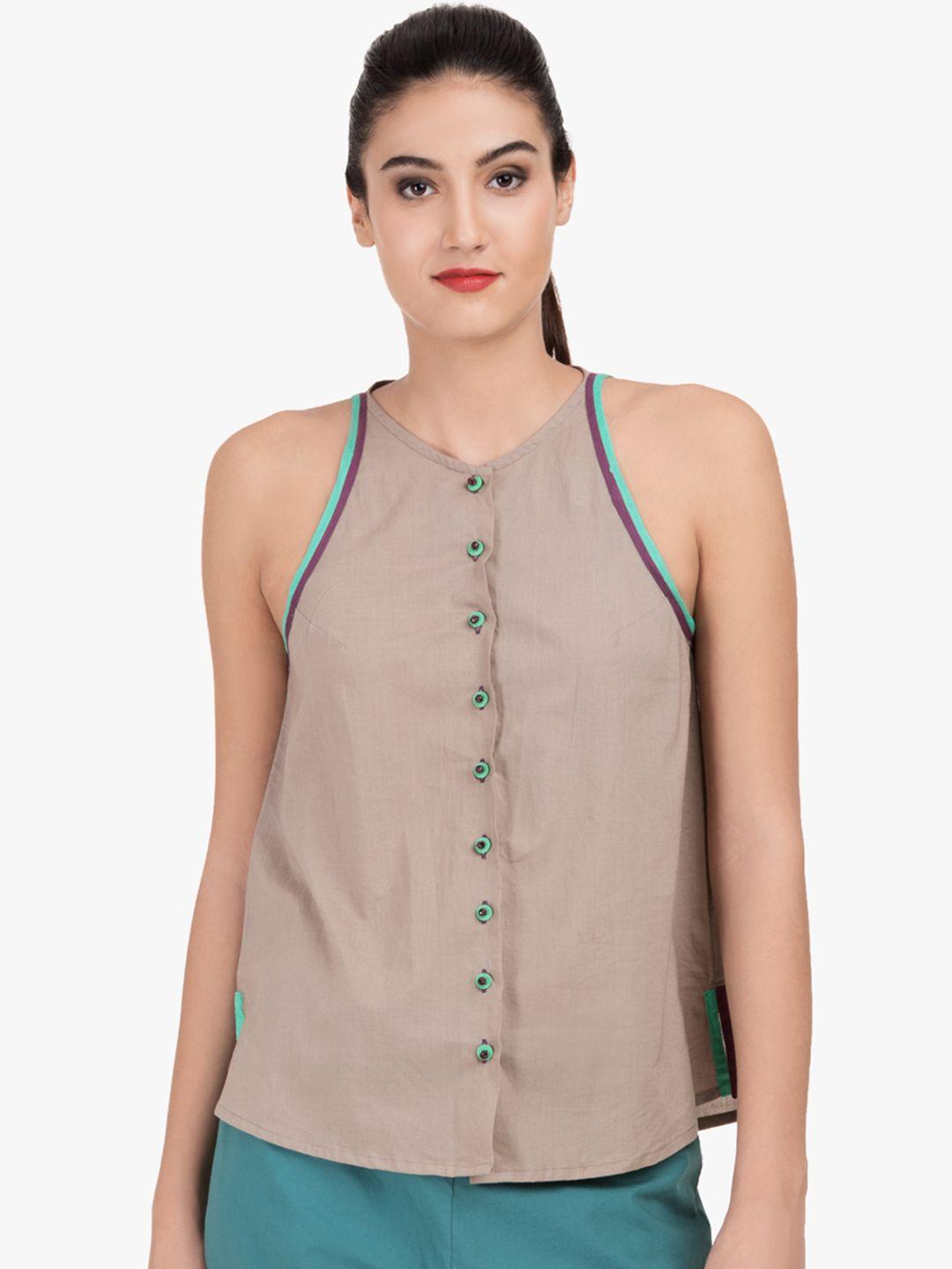 grass by gitika goyal women khaki solid a-line pure cotton top