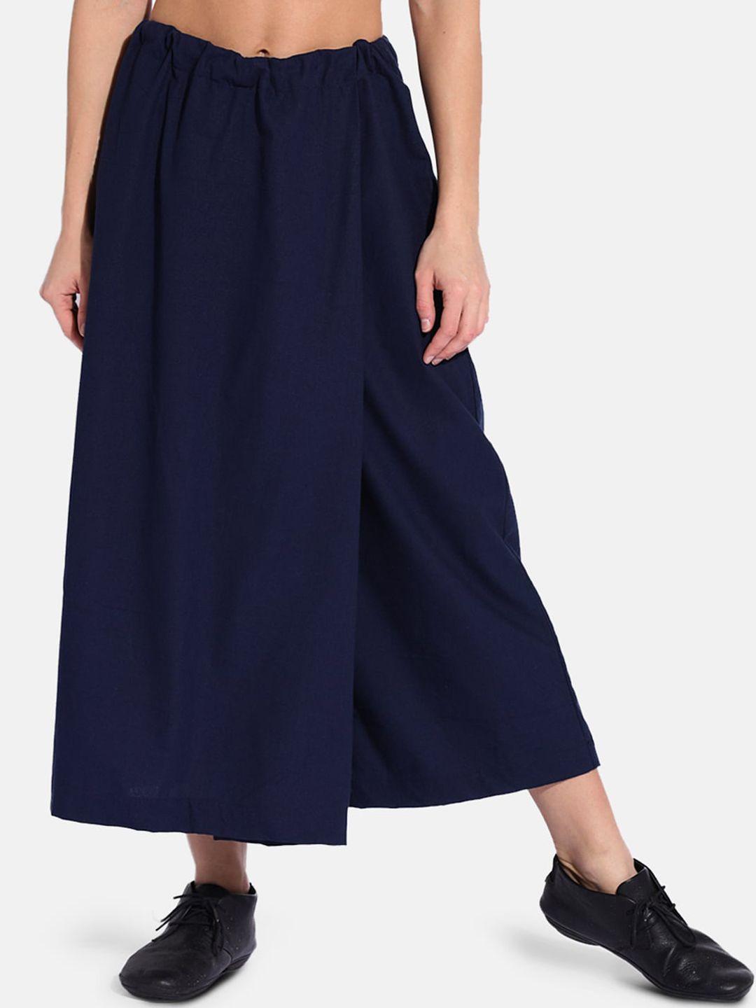grass by gitika goyal women navy blue flared pleated culottes trousers