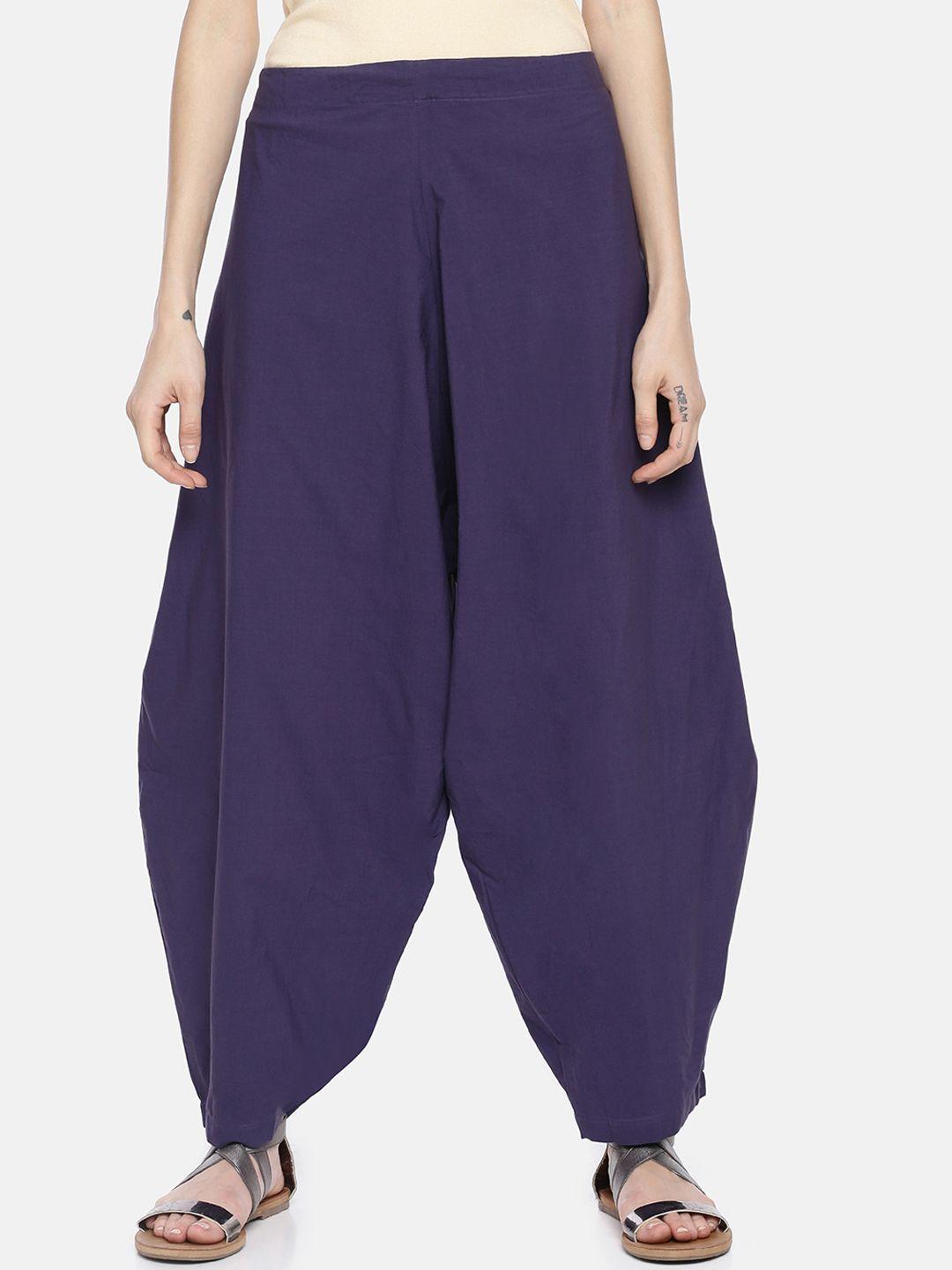 grass by gitika goyal women purple loose fit solid drop crotch trousers