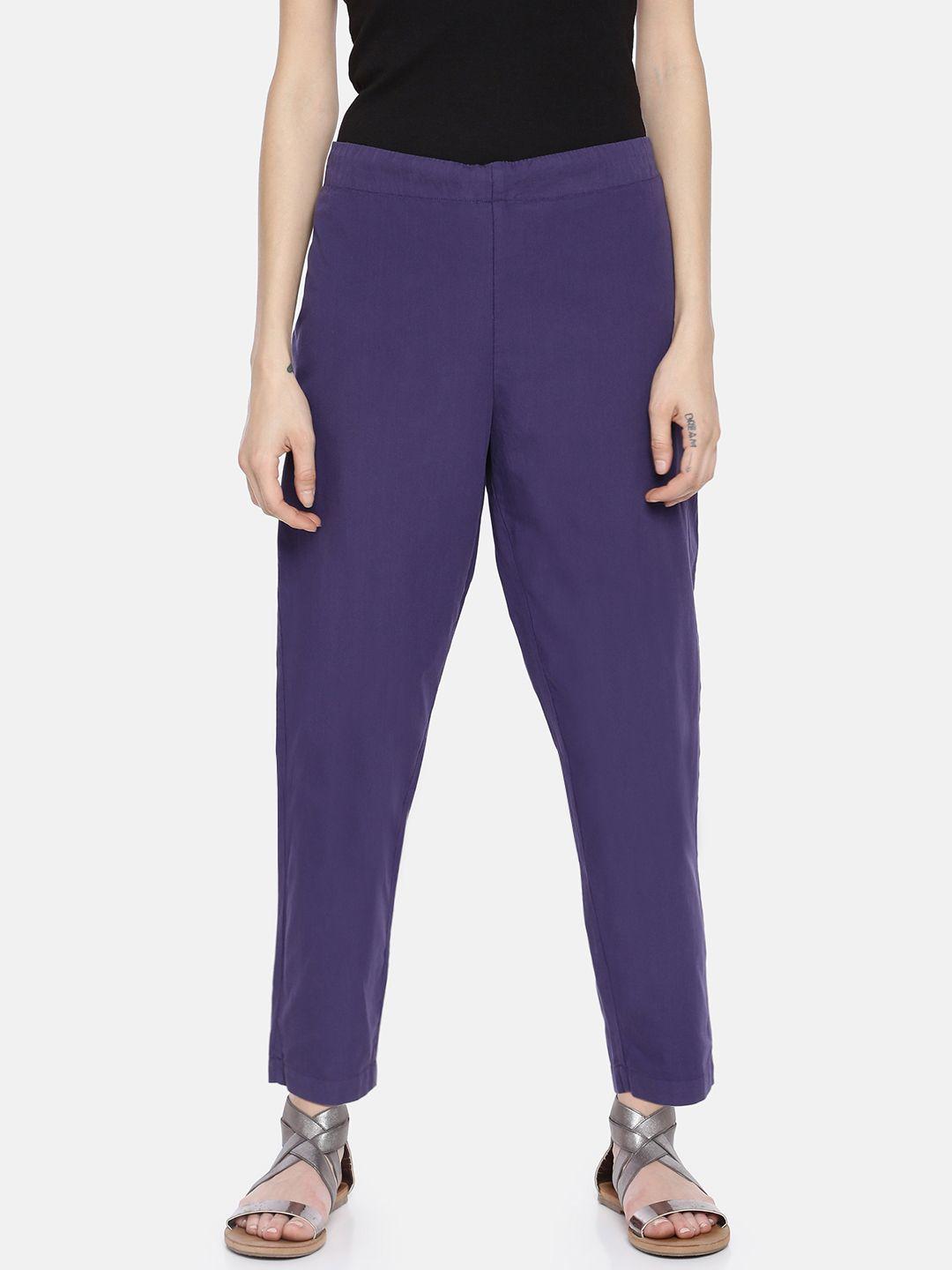 grass by gitika goyal women purple tapered fit solid drop crotch trousers